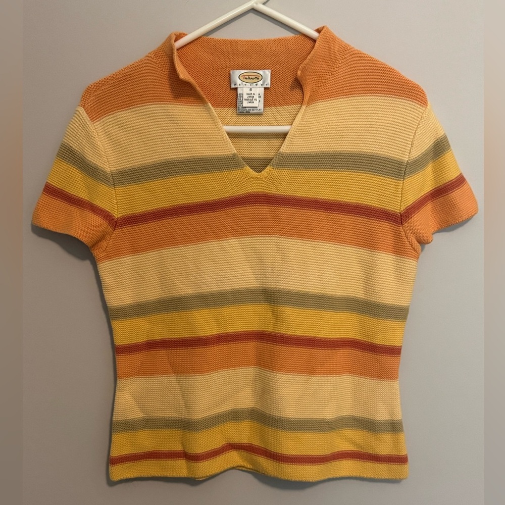 Talbots Women’s Short Sleeve Y2K Sweater Striped Orange Fall Colors Vintage
